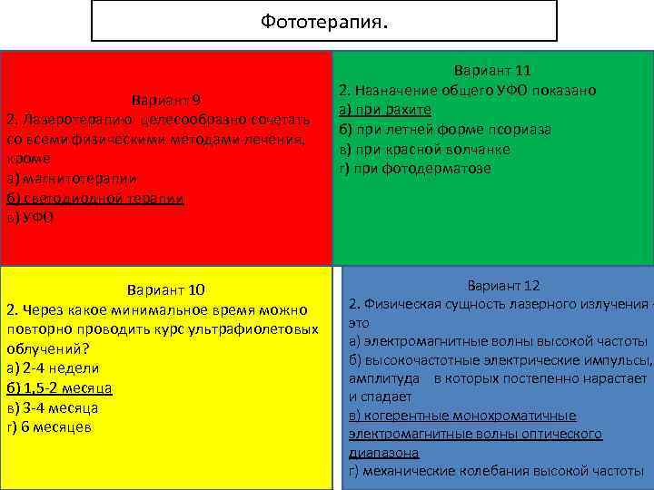 Фототерапия. Вариант 9 2. Лазеротерапию целесообразно сочетать со всеми физическими методами лечения, кроме а)