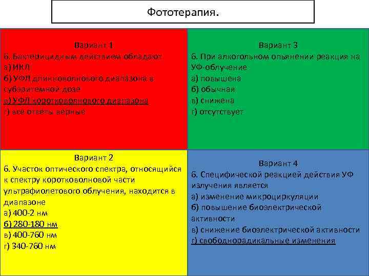 Фототерапия. Вариант 1 6. Бактерицидным действием обладают а) ИКЛ б) УФЛ длинноволнового диапазона в