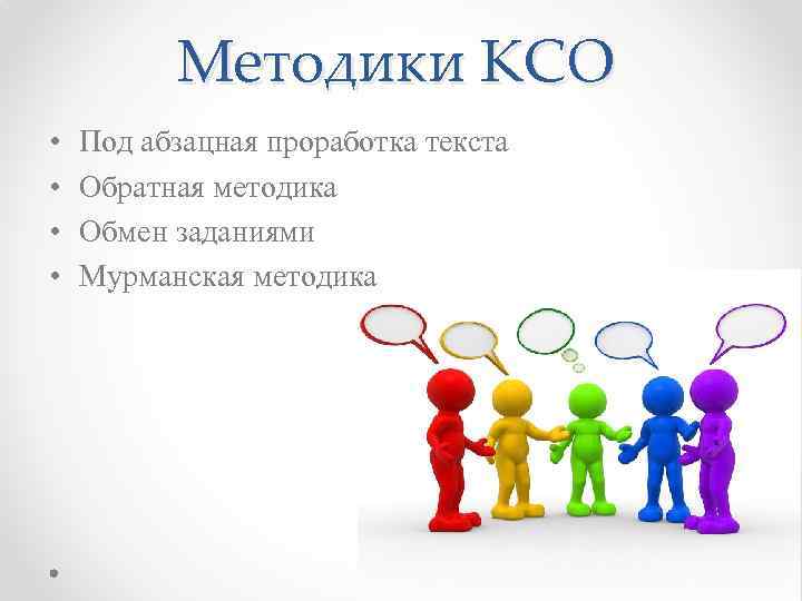 Методики КСО • • Под абзацная проработка текста Обратная методика Обмен заданиями Мурманская методика