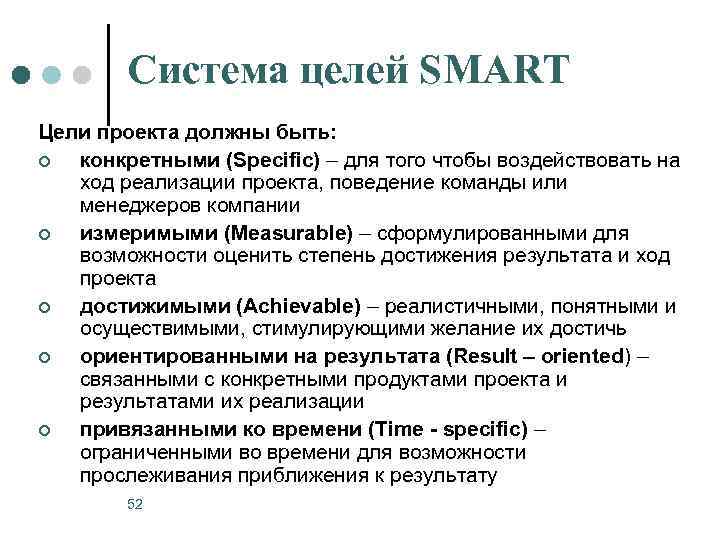 Система целей SMART Цели проекта должны быть: ¢ конкретными (Specific) – для того чтобы