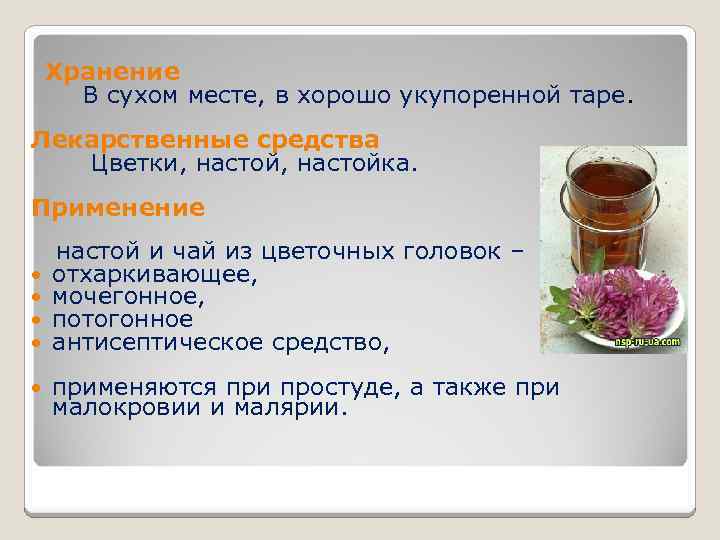  Хранение В сухом месте, в хорошо укупоренной таре. Лекарственные средства Цветки, настойка. Применение