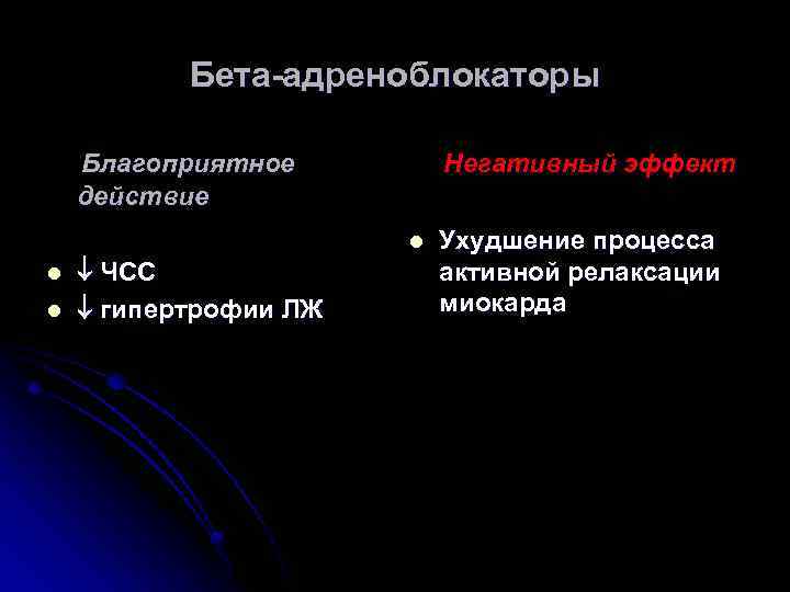 Бета-адреноблокаторы Благоприятное действие Негативный эффект l l l ЧСС гипертрофии ЛЖ Ухудшение процесса активной