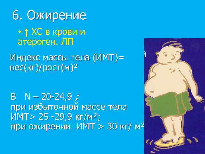6. Ожирение • ↑ ХС в крови и атероген. ЛП Индекс массы тела (ИМТ)=