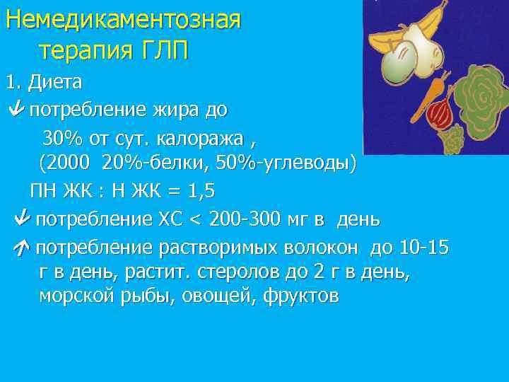 Немедикаментозная терапия ГЛП 1. Диета потребление жира до 30% от сут. калоража , (2000