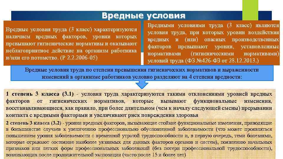 Вредные условия труда (3 класс) характеризуются наличием вредных факторов, уровни которых превышают гигиенические нормативы
