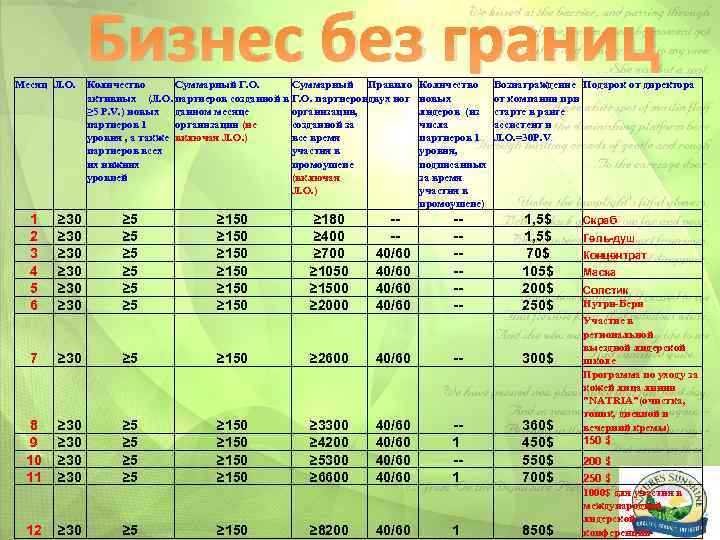 Бизнес без границ Месяц Л. O. Количество Суммарный Г. О. Суммарный Правило активных (Л.