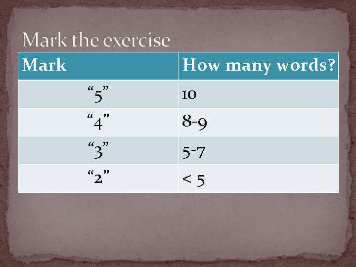 Mark How many words? “ 5” 10 “ 4” 8 -9 “ 3” 5