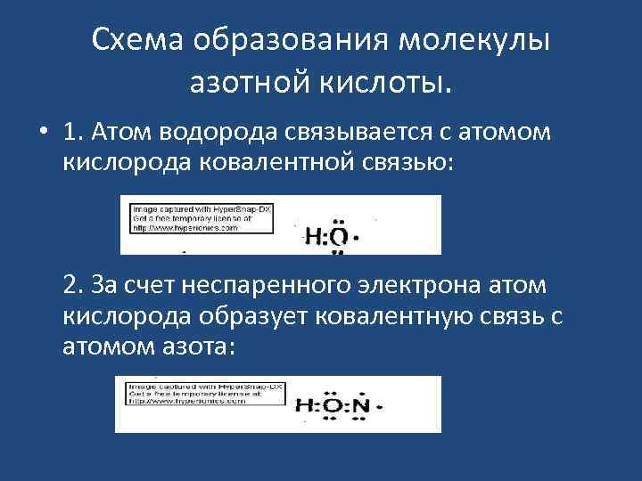 Схема образования молекулы азотной кислоты. • 1. Атом водорода связывается с атомом кислорода ковалентной