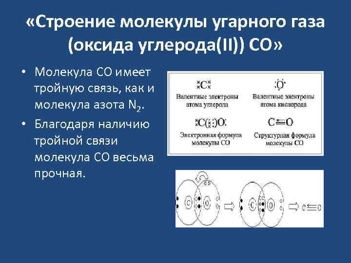  «Строение молекулы угарного газа (оксида углерода(II)) СО» • Молекула CO имеет тройную связь,