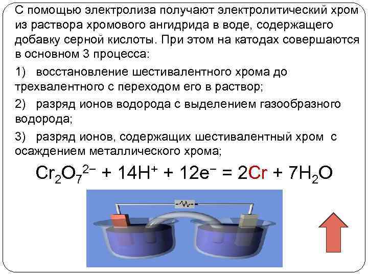 С помощью электролиза получают электролитический хром из раствора хромового ангидрида в воде, содержащего добавку