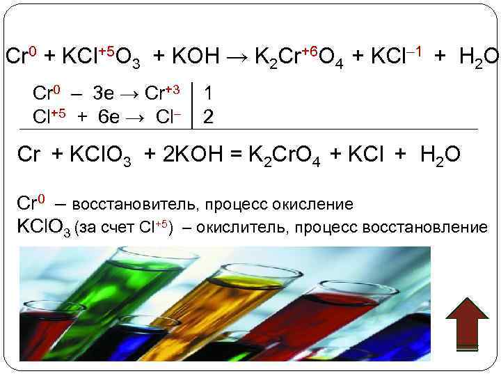 Cr 0 + KCl+5 O 3 + KOH → K 2 Cr+6 O 4