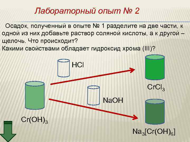 Лабораторный опыт № 2 Осадок, полученный в опыте № 1 разделите на две части,