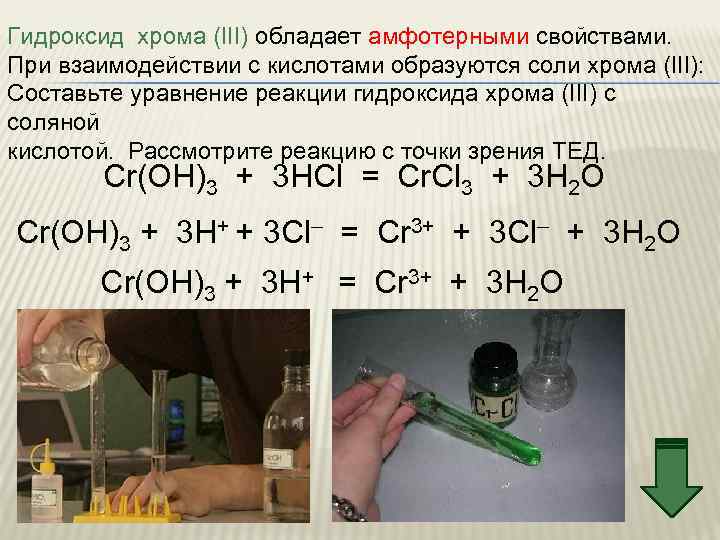 Гидроксид хрома (III) обладает амфотерными свойствами. При взаимодействии с кислотами образуются соли хрома (III):