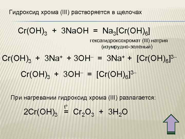 Гидроксид хрома (III) растворяется в щелочах Cr(OH)3 + 3 Na. OH = Na 3[Cr(OH)6]