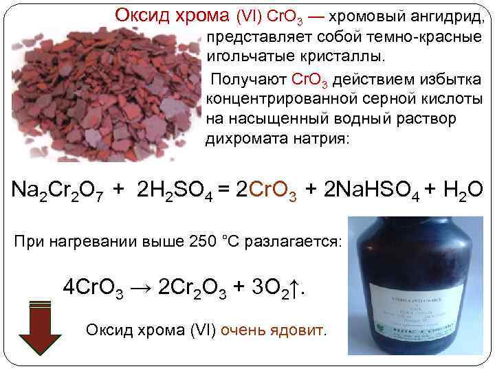 Оксид хрома (VI) Cr. O 3 — хромовый ангидрид, представляет собой темно-красные игольчатые кристаллы.