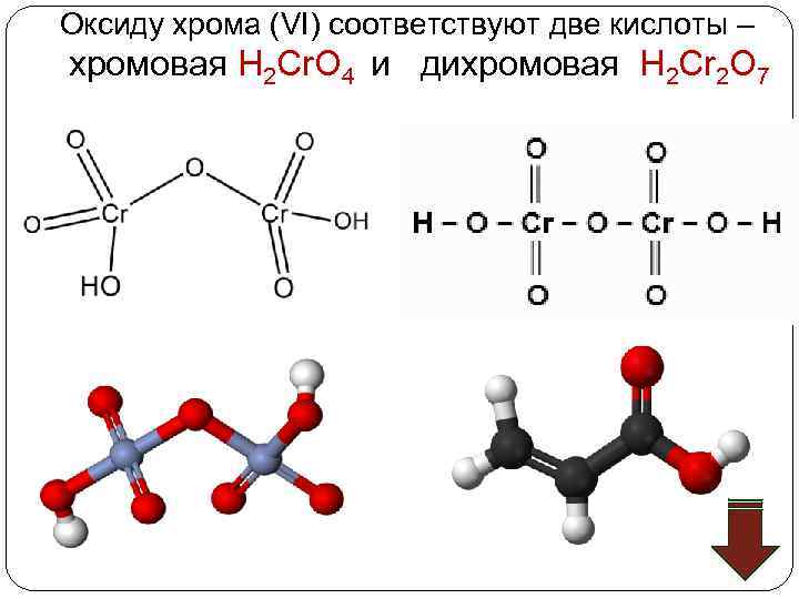  Оксиду хрома (VI) соответствуют две кислоты – хромовая Н 2 Cr. O 4