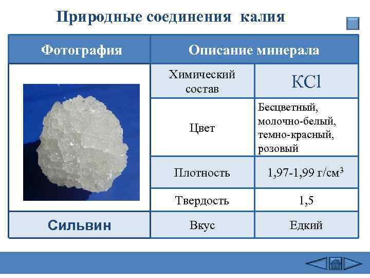 Природные соединения калия Фотография Описание минерала Химический состав КСl Цвет Бесцветный, молочно-белый, темно-красный, розовый