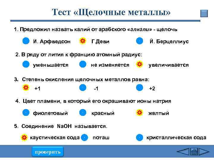 Тест «Щелочные металлы» 1. Предложил назвать калий от арабского «алкали» - щелочь И. Арфведсон