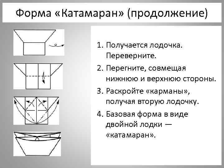 Форма «Катамаран» (продолжение) 1. Получается лодочка. Переверните. 2. Перегните, совмещая нижнюю и верхнюю стороны.