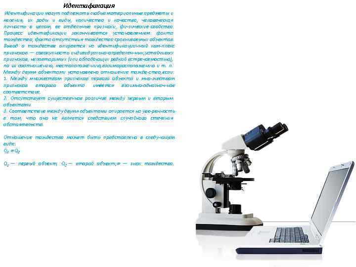 Идентификация Идентификации могут подлежать любые материальные предметы и явления, их роды и виды, количества