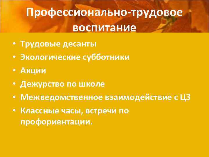 Профессионально-трудовое воспитание • • • Трудовые десанты Экологические субботники Акции Дежурство по школе Межведомственное