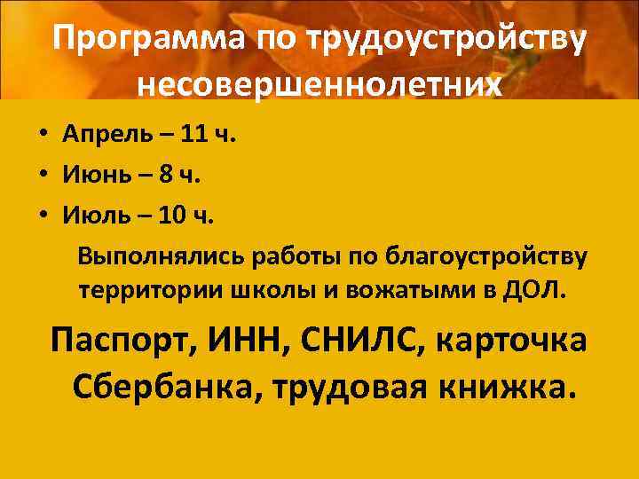 Программа по трудоустройству несовершеннолетних • Апрель – 11 ч. • Июнь – 8 ч.