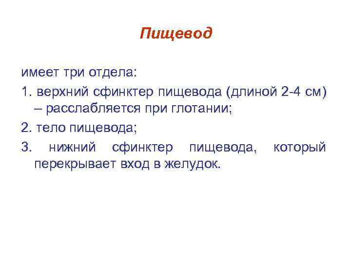 Пищевод имеет три отдела: 1. верхний сфинктер пищевода (длиной 2 -4 см) – расслабляется
