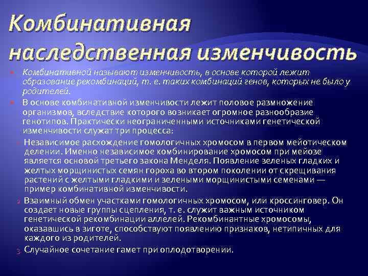 Комбинативная наследственная изменчивость Комбинативной называют изменчивость, в основе которой лежит образование рекомбинаций, т. е.