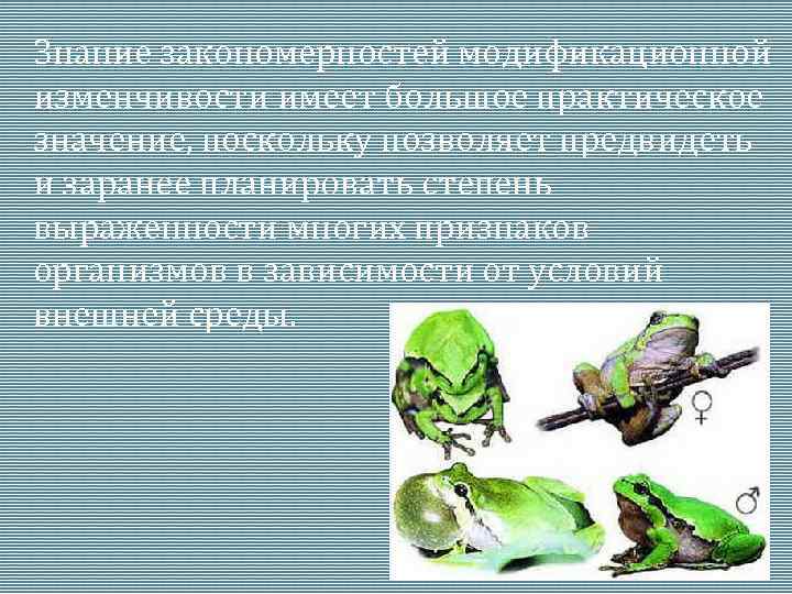 Знание закономерностей модификационной изменчивости имеет большое практическое значение, поскольку позволяет предвидеть и заранее планировать
