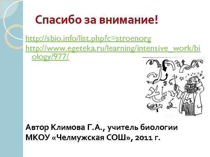 Спасибо за внимание! http: //sbio. info/list. php? c=stroenorg http: //www. egeteka. ru/learning/intensive_work/bi ology/977/ Автор