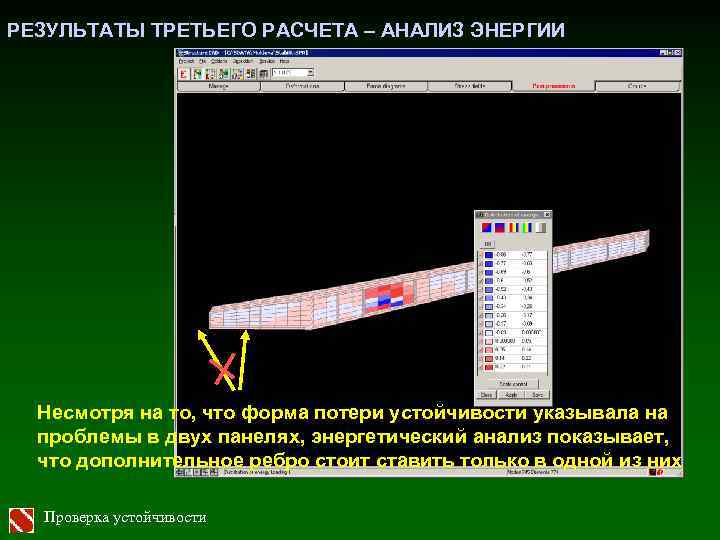 РЕЗУЛЬТАТЫ ТРЕТЬЕГО РАСЧЕТА – АНАЛИЗ ЭНЕРГИИ Несмотря на то, что форма потери устойчивости указывала
