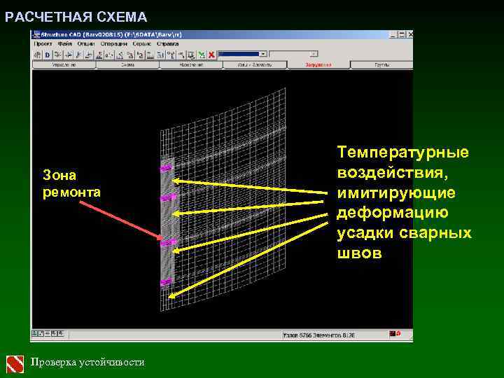 РАСЧЕТНАЯ СХЕМА Зона ремонта Проверка устойчивости Температурные воздействия, имитирующие деформацию усадки сварных швов 