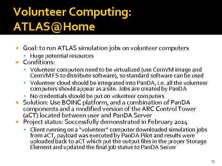 Volunteer Computing: ATLAS@Home Goal: to run ATLAS simulation jobs on volunteer computers Huge potential