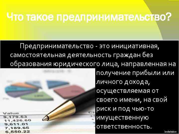 Что такое предпринимательство? Предпринимательство - это инициативная, самостоятельная деятельность граждан без образования юридического лица,