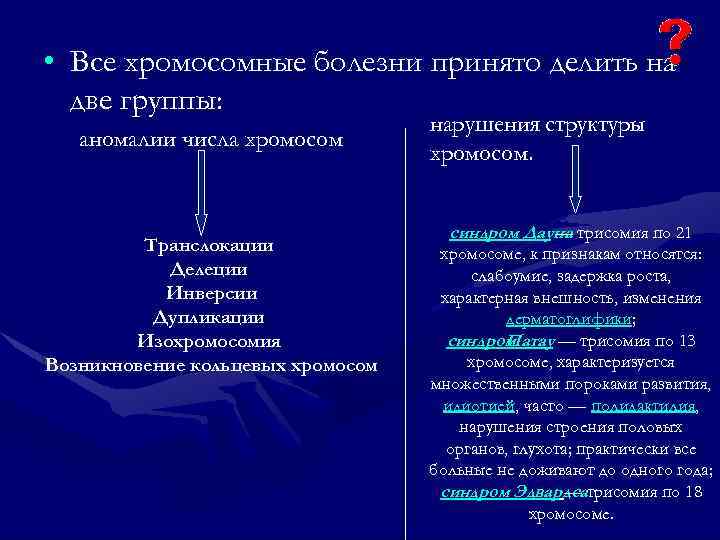  • Все хромосомные болезни принято делить на две группы: аномалии числа хромосом Транслокации