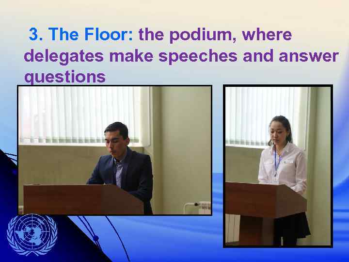 3. The Floor: the podium, where delegates make speeches and answer questions 