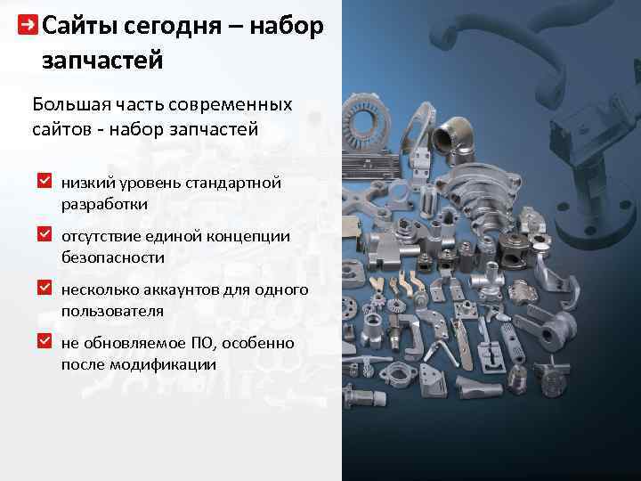 Сайты сегодня – набор запчастей Большая часть современных сайтов - набор запчастей низкий уровень