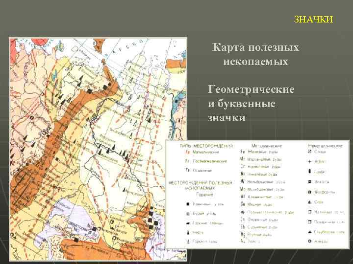 ЗНАЧКИ Карта полезных ископаемых Геометрические и буквенные значки 