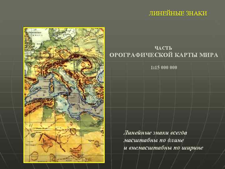 ЛИНЕЙНЫЕ ЗНАКИ ЧАСТЬ ОРОГРАФИЧЕСКОЙ КАРТЫ МИРА 1: 15 000 Линейные знаки всегда масштабны по