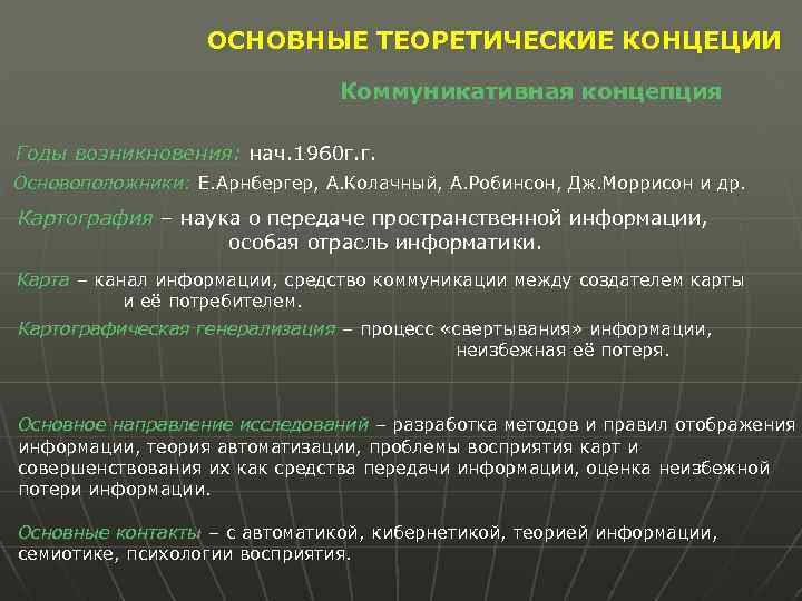 ОСНОВНЫЕ ТЕОРЕТИЧЕСКИЕ КОНЦЕЦИИ Коммуникативная концепция Годы возникновения: нач. 1960 г. г. Основоположники: Е. Арнбергер,