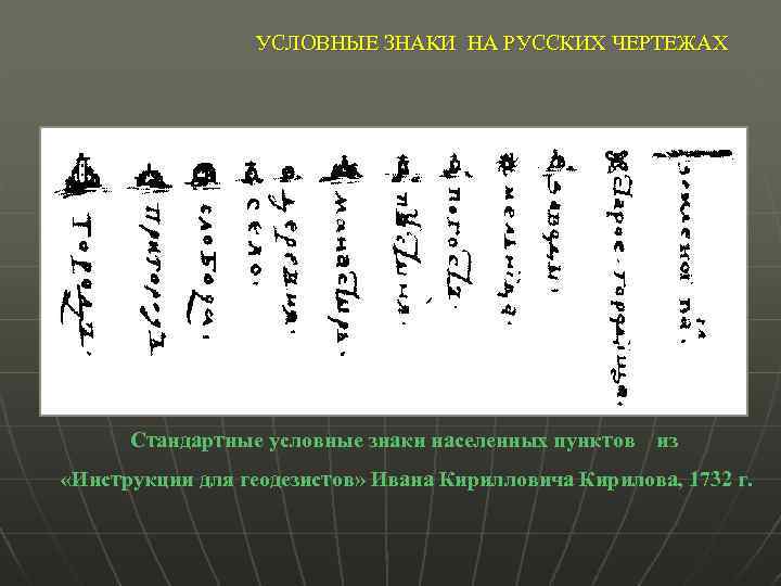 УСЛОВНЫЕ ЗНАКИ НА РУССКИХ ЧЕРТЕЖАХ Стандартные условные знаки населенных пунктов из «Инструкции для геодезистов»