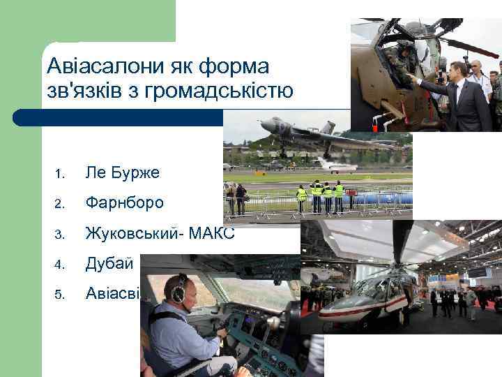 Авіасалони як форма зв'язків з громадськістю 1. Ле Бурже 2. Фарнборо 3. Жуковський- МАКС