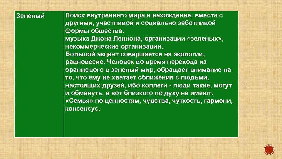 Зеленый Поиск внутреннего мира и нахождение, вместе с другими, участливой и социально заботливой формы