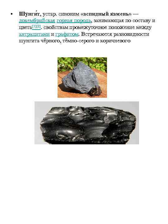  • Шунги т, устар. синоним «аспидный камень» — докембрийская горная порода, занимающая по