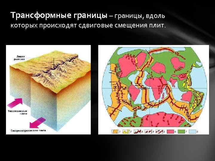 Трансформные границы – границы, вдоль которых происходят сдвиговые смещения плит. 