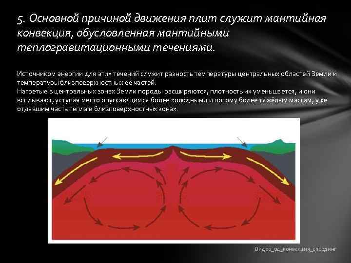 5. Основной причиной движения плит служит мантийная конвекция, обусловленная мантийными теплогравитационными течениями. Источником энергии