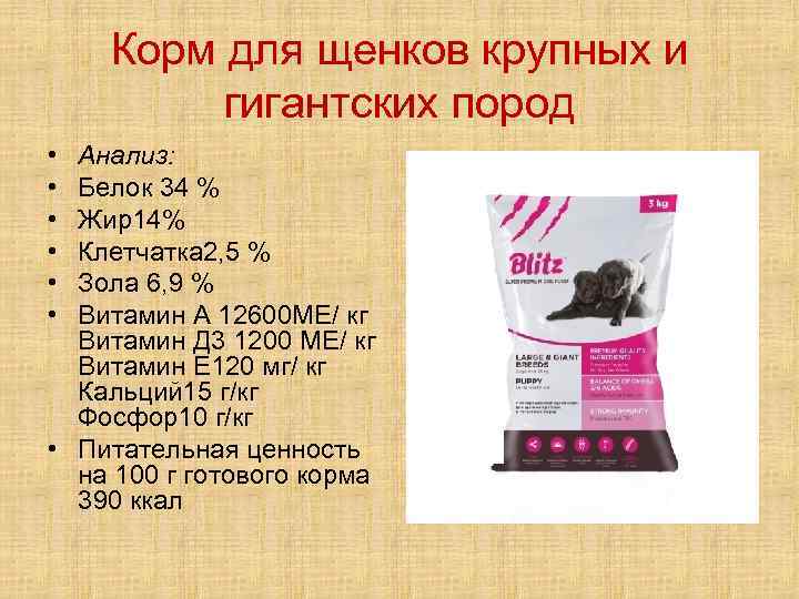 Корм для щенков крупных и гигантских пород • • • Анализ: Белок 34 %