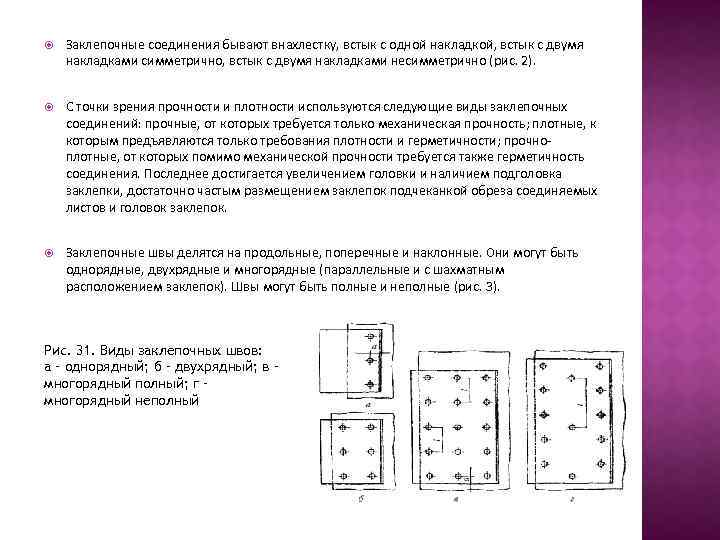  Заклепочные соединения бывают внахлестку, встык с одной накладкой, встык с двумя накладками симметрично,