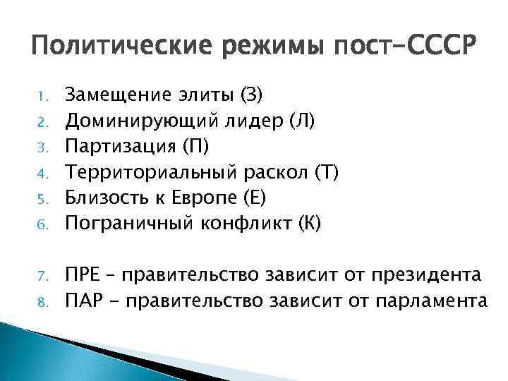 Политические режимы пост-СССР 1. 2. 3. 4. 5. 6. 7. 8. Замещение элиты (З)