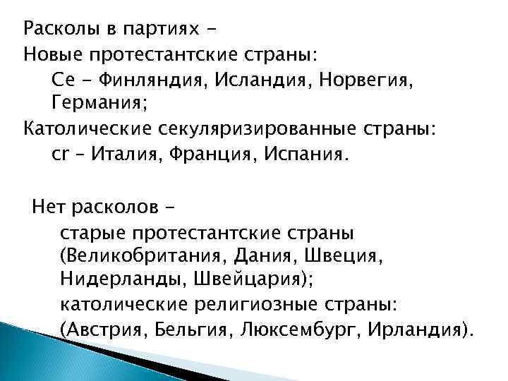 Расколы в партиях Новые протестантские страны: Сe - Финляндия, Исландия, Норвегия, Германия; Католические секуляризированные